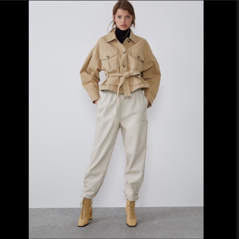 Zara Belted Denim Jacket with Pockets - Beige/Tan